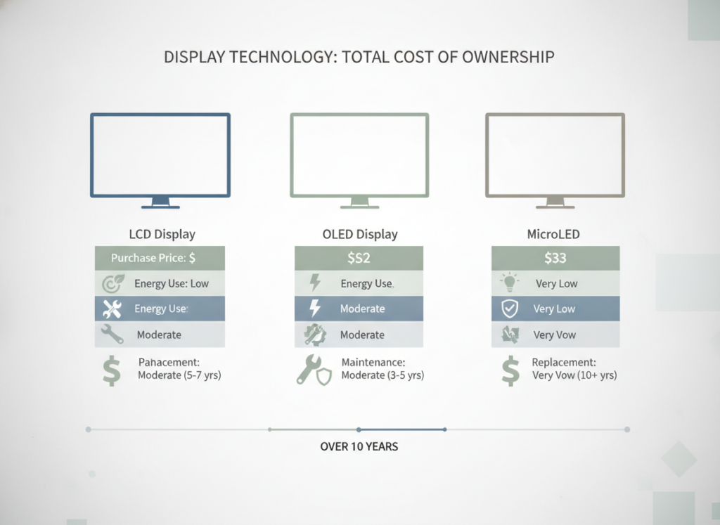 Comparación visual de coste total de propiedad entre LED, LCD y MicroLED.