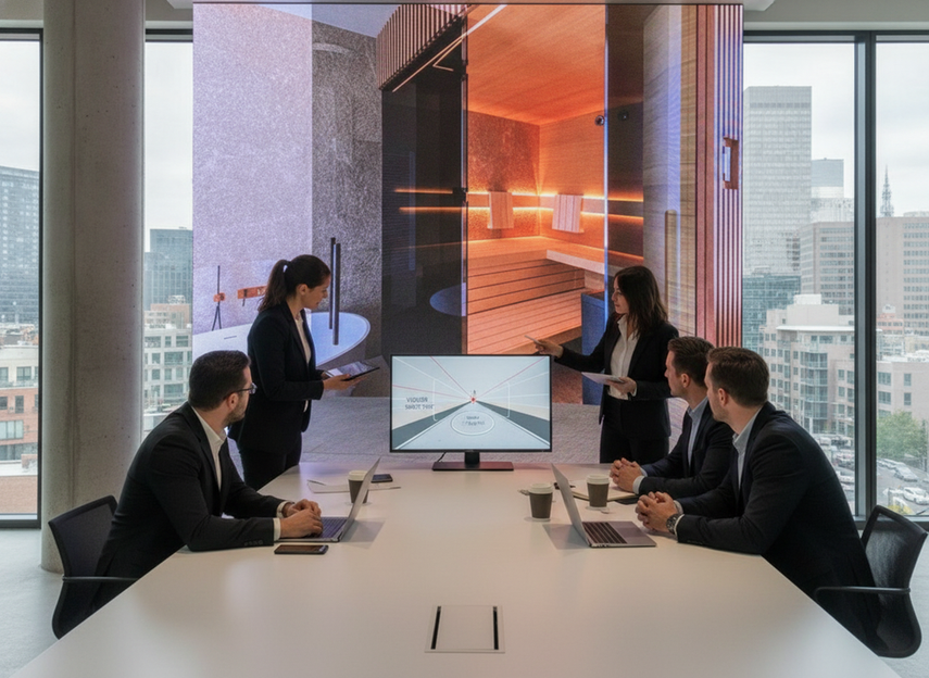 Creative team briefing a 3D LED billboard using the installed screen geometry and viewing angle