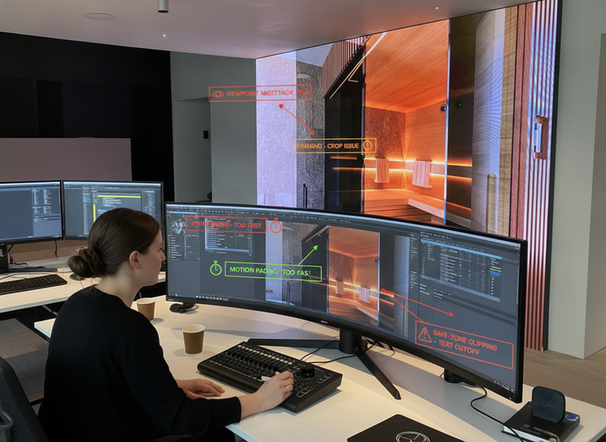A production spec sheet showing render canvas, safe zones, and playback checks for billboard-ready content