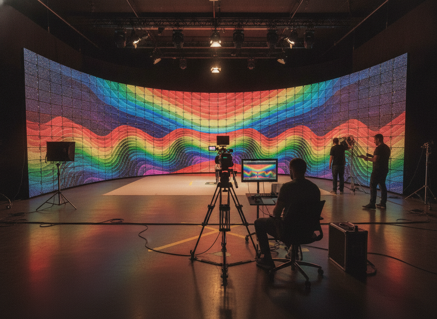 Estudio de producción virtual con muro LED, cámara en trípode y operador ajustando la composición antes de grabar.
