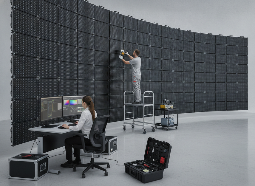 Técnico realizando calibración y mantenimiento del muro LED con herramientas y monitoreo del sistema.