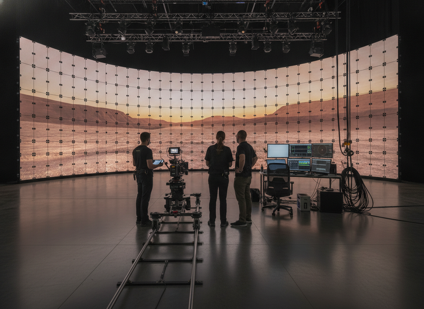 Virtual production LED wall on an XR stage with camera rig and crew