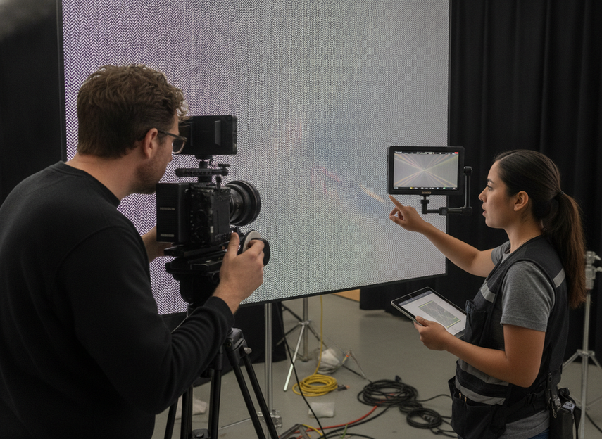 Camera testing an LED wall for moiré and scan artifacts