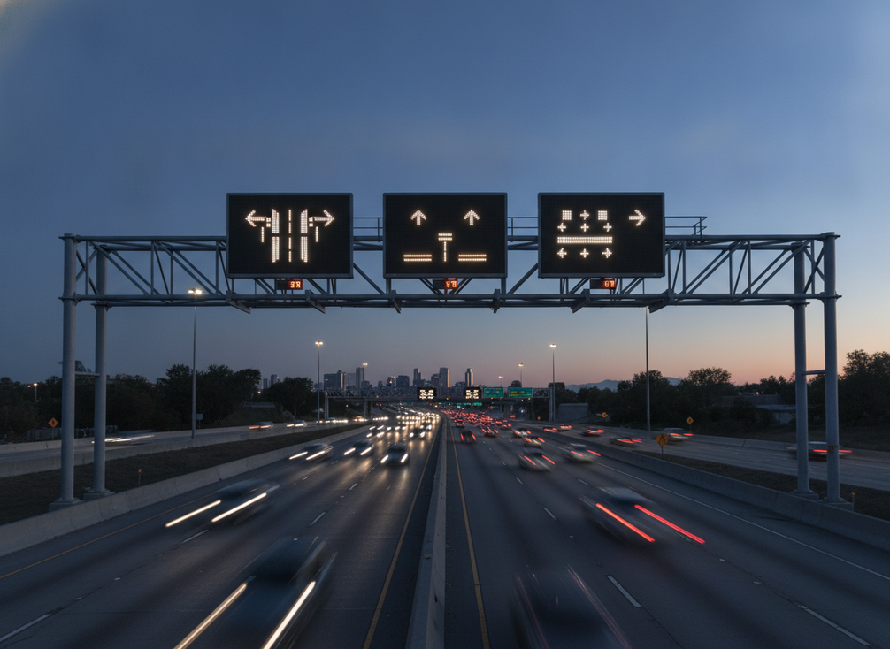 Highway variable message sign above freeway lanes at dusk
