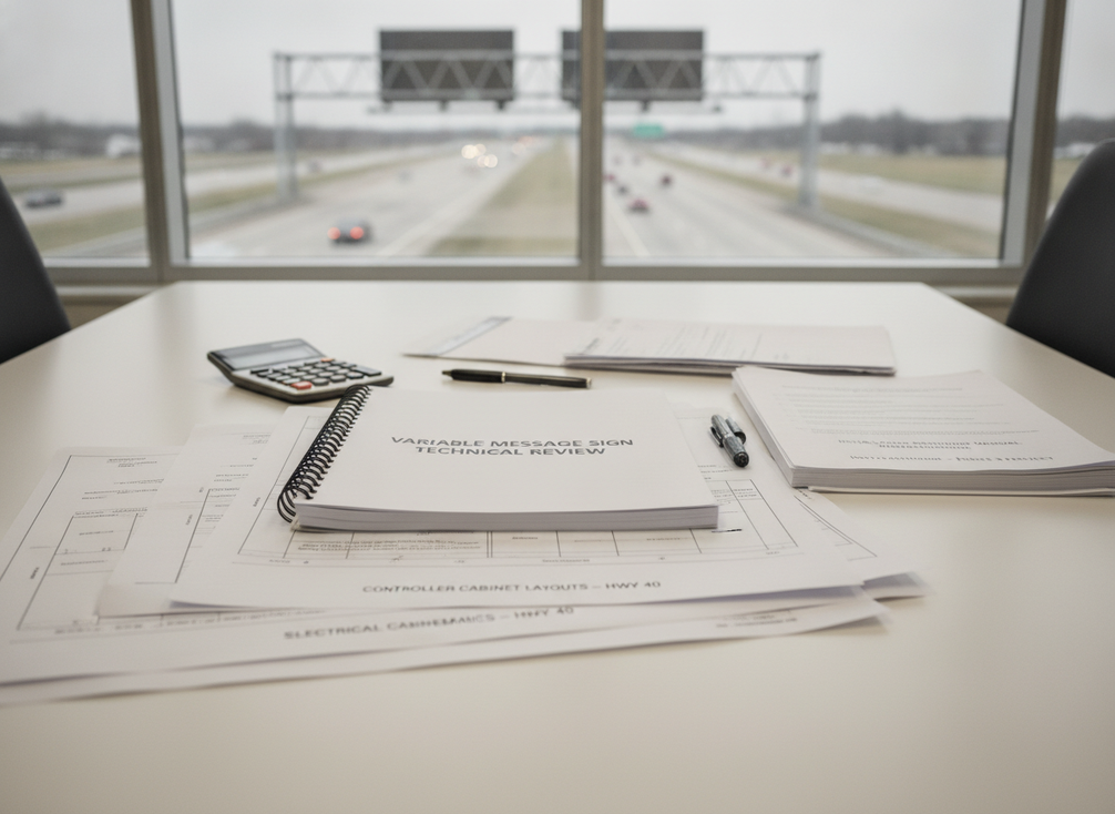 A highway VMS technical review sheet beside a controller cabinet and field drawings