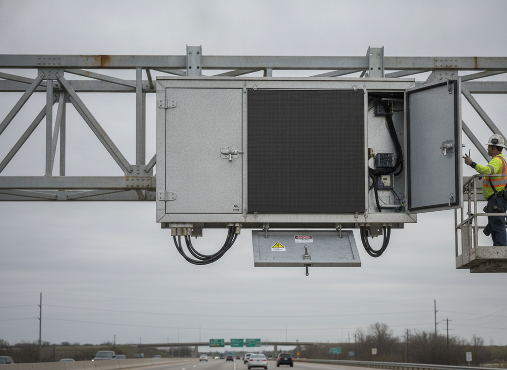 Front-service traffic VMS cabinet and mounting detail on an overhead sign structure