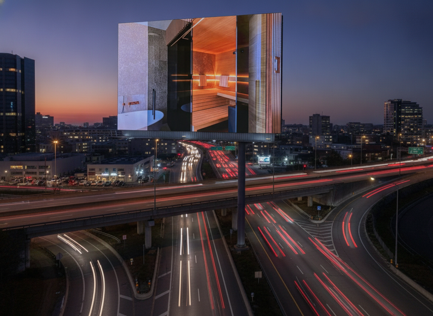 Digital billboard glowing above a busy roadway at dusk