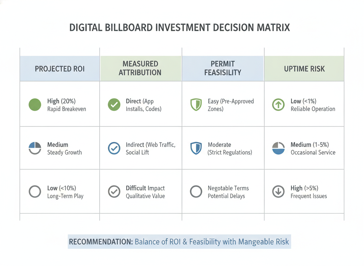 Simple decision matrix comparing projected ROI, attribution, permits, and uptime risk