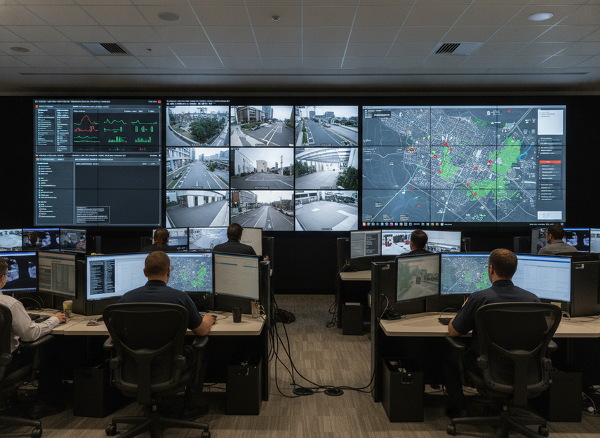 Command center LED wall in a modern control room with dense dashboards and camera feeds