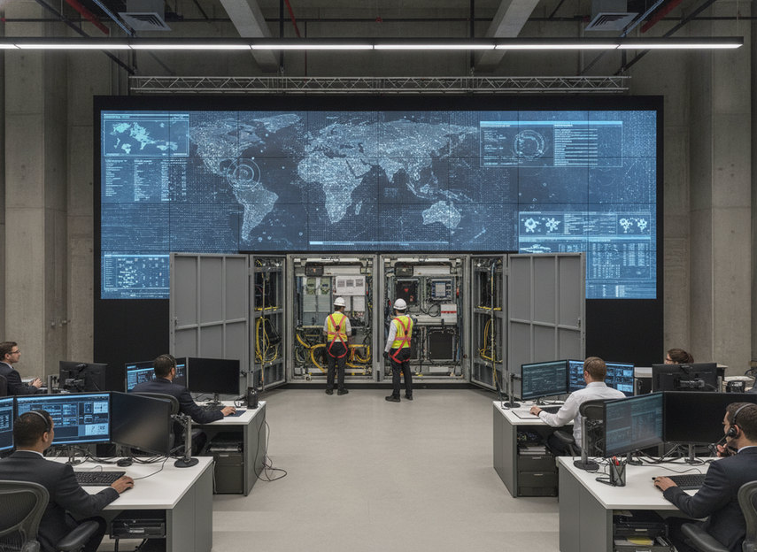 Command center with a large LED wall, technicians accessing the display from the front, and operators coordinating maintenance planning.