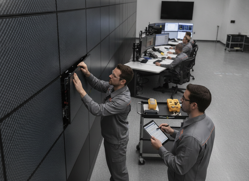 Technician performing front access maintenance on a modular LED wall while a team reviews a checklist nearby.