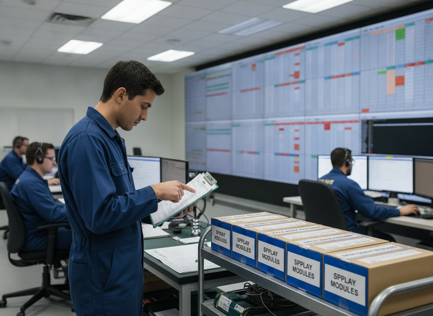 A detailed command-room maintenance workflow showing a service checklist, spare modules, and controlled access around a large LED wall.