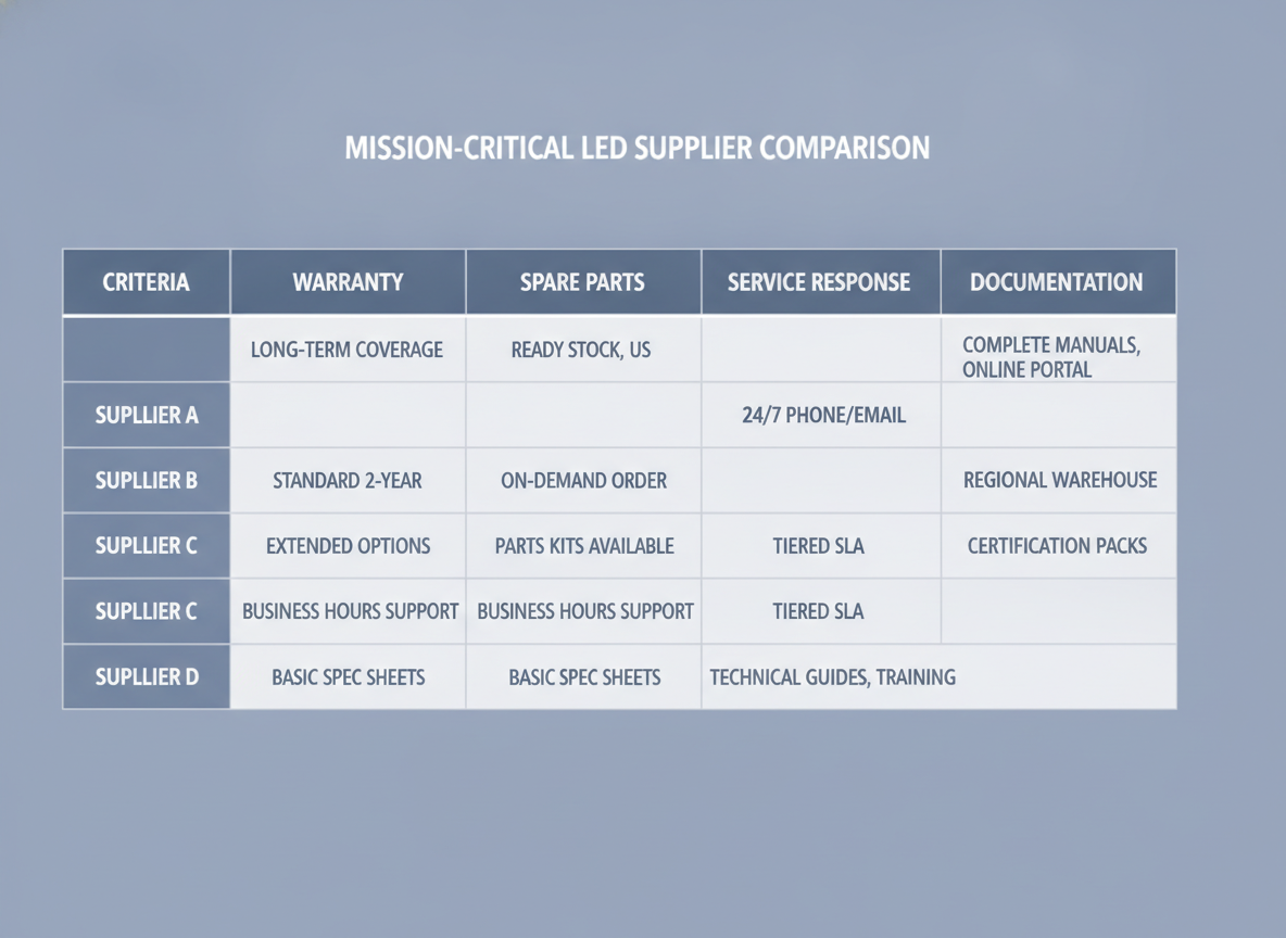Decision matrix for comparing supplier answers on warranty, spares, service response, and documentation