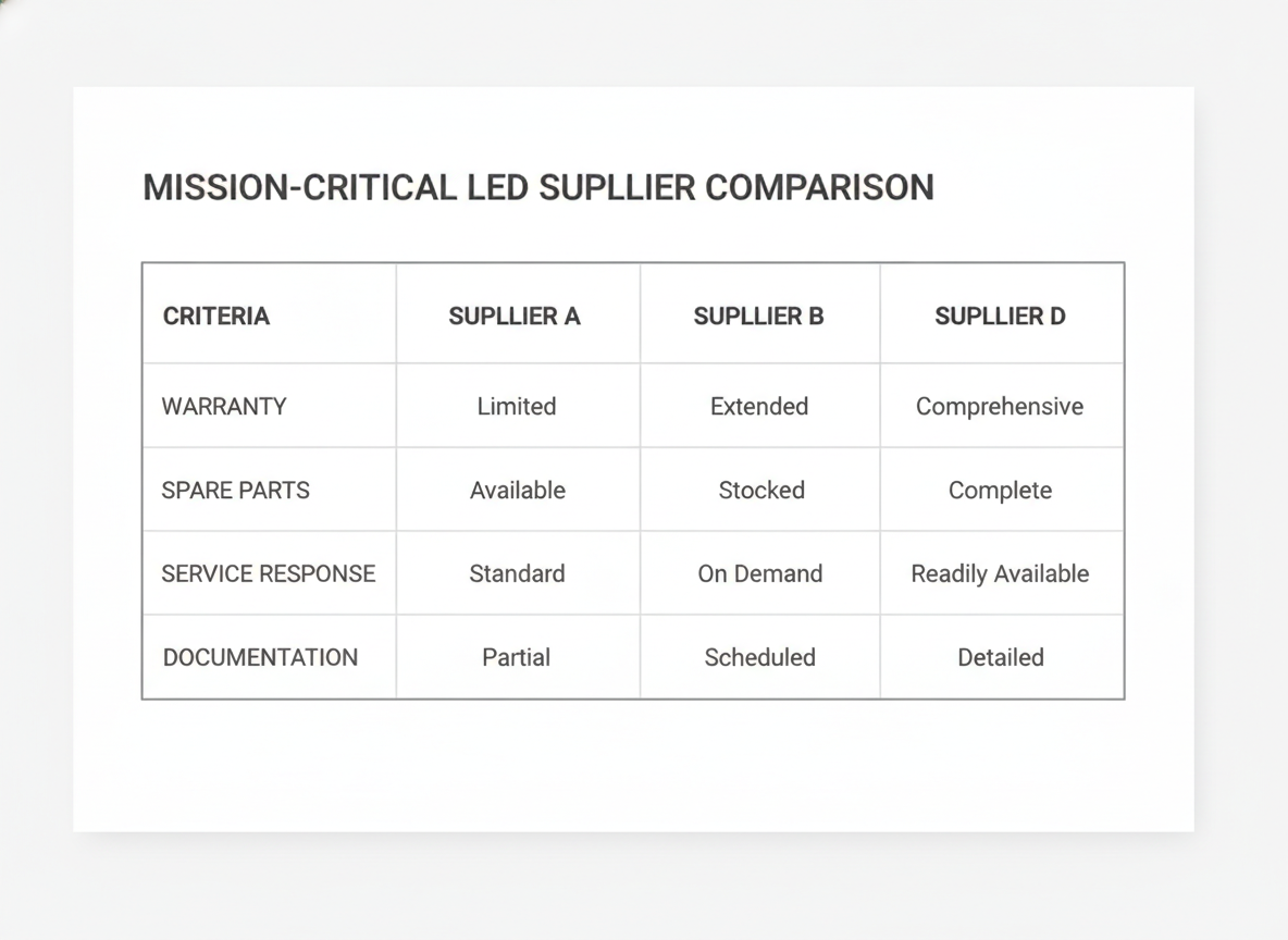 Decision matrix for comparing supplier answers on warranty, spares, service response, and documentation