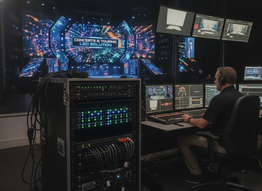 Broadcast control room with synchronized LED wall and camera feed monitoring