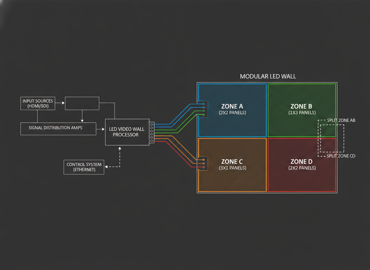 LED wall processor routing diagram beside a modular display wall layout