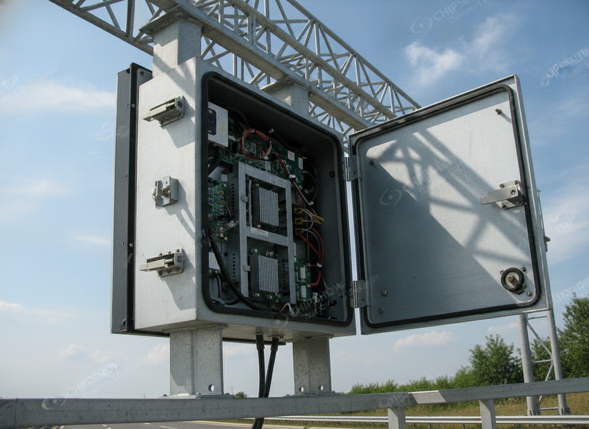 Detail of a highway LED message sign cabinet and service access panel
