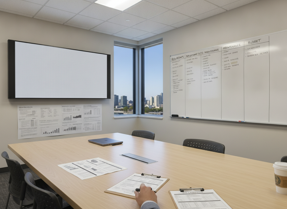 Procurement comparison board and site checklist for smart city LED display selection.