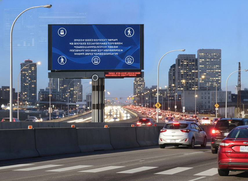 Roadway-facing LED display supporting transit updates and public safety operations.