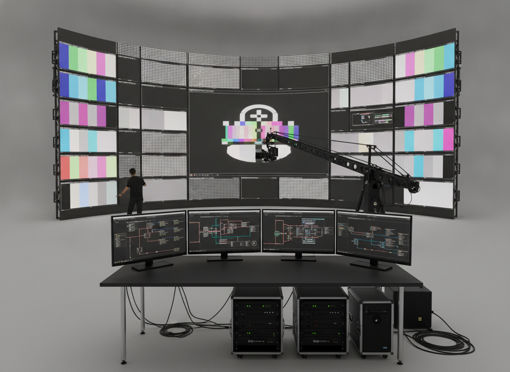 Studio de producción virtual con muro LED, cámaras y monitores de control para comparar flujos de trabajo de procesamiento de video.