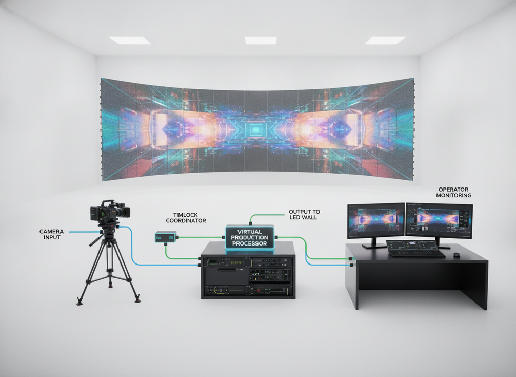 Diagrama visual del flujo de señal en producción virtual, desde cámara y procesamiento hasta pantalla LED y monitoreo de operador.