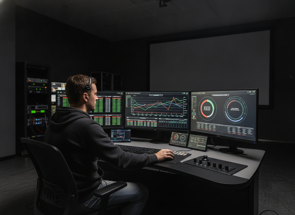 Operador revisando métricas de rendimiento y sincronización en una sala de control de producción virtual.
