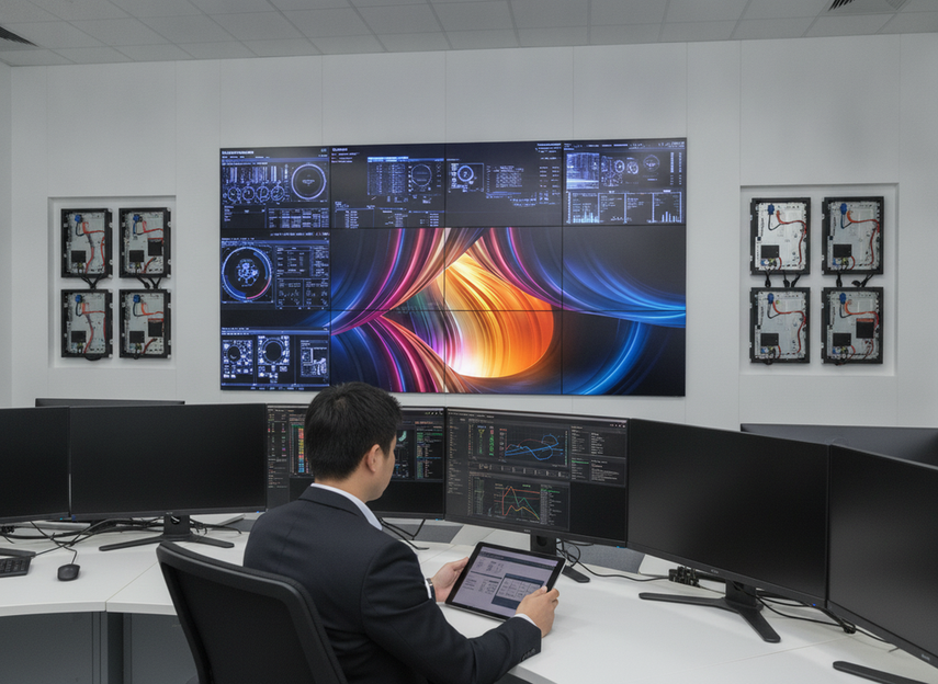Professional control room with a large LED video wall and a technical specialist reviewing display reliability and maintenance tradeoffs.