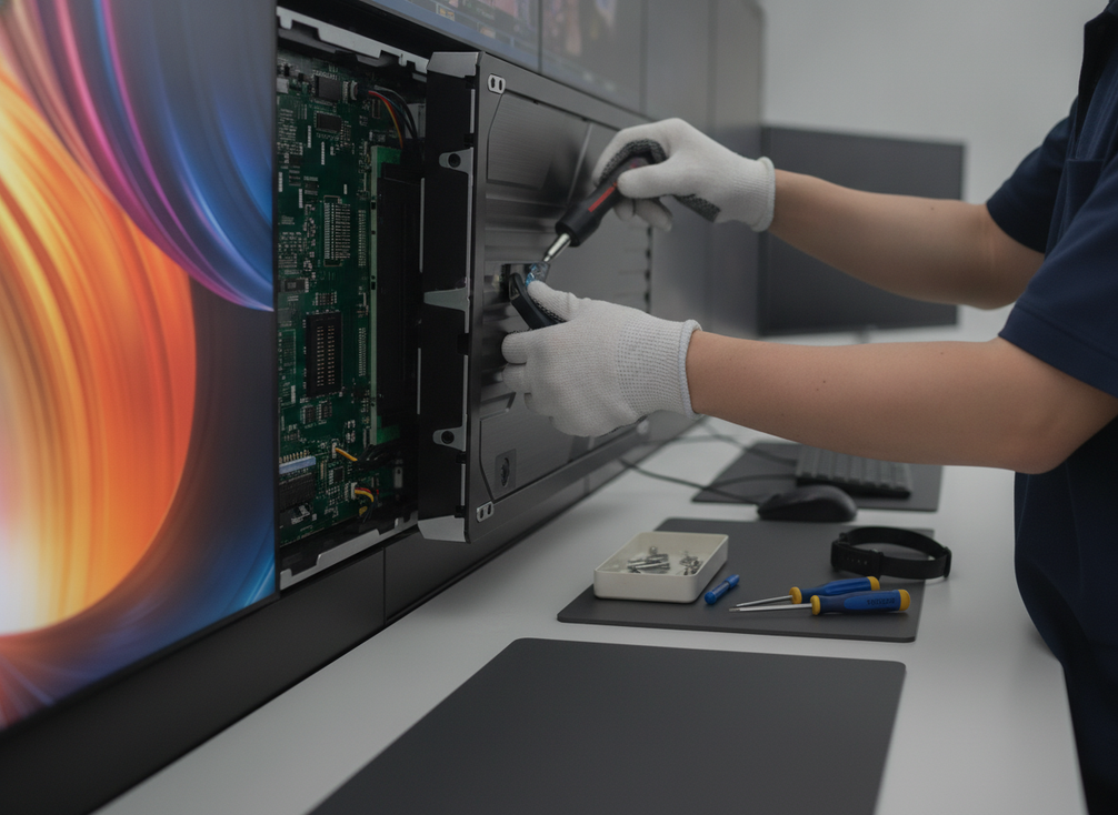 Technician inspecting an LED display module area with service tools in a professional control room.