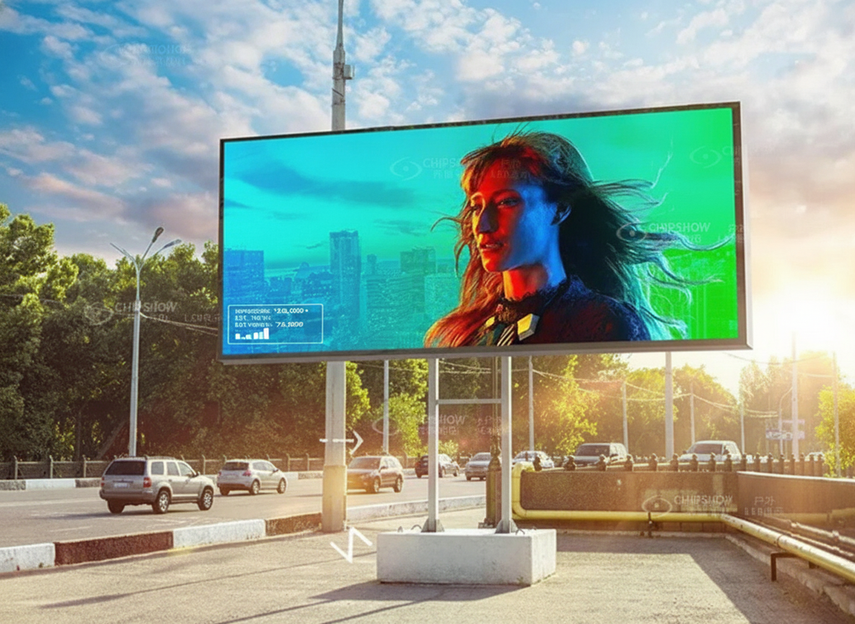 An outdoor DOOH screen placed at a roadway or transit location, with visible traffic flow and audience measurement markers.