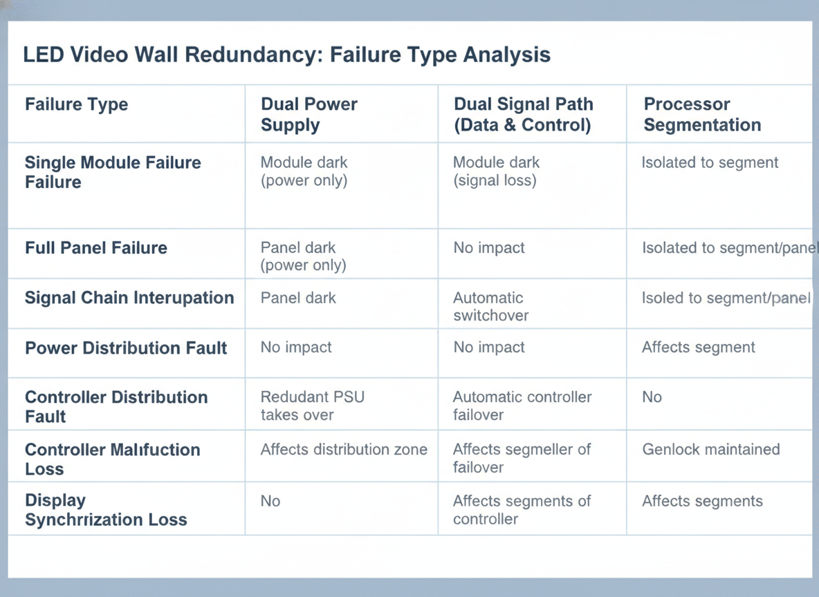 Failure-path coverage matrix for LED wall redundancy