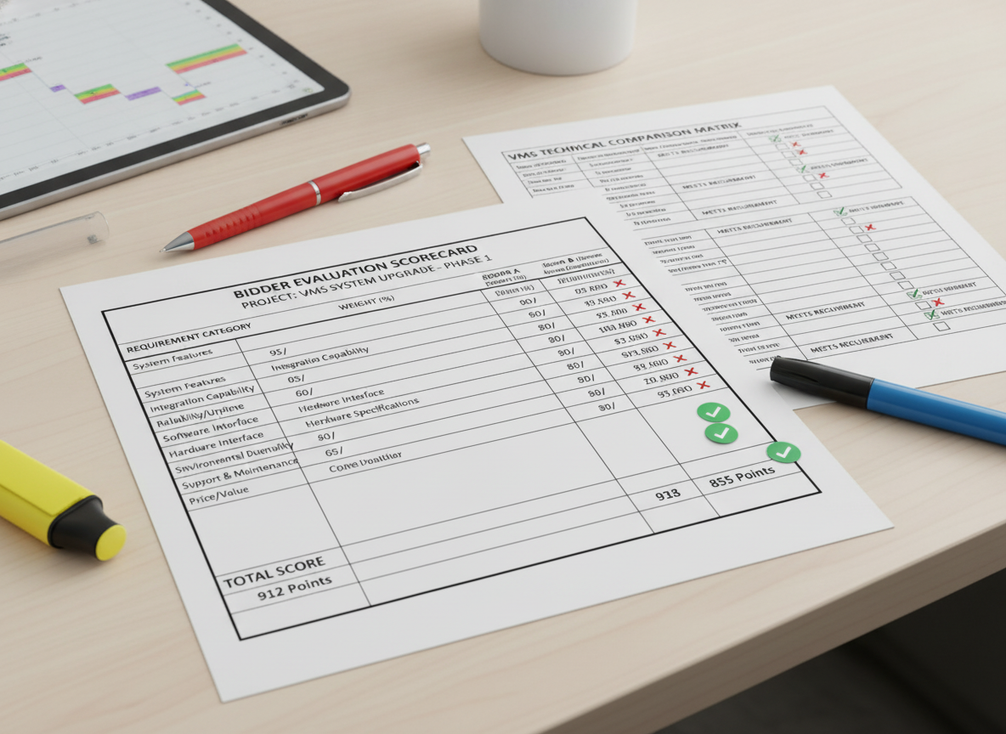 Evaluation scorecard and technical compliance checklist used to compare VMS bids.