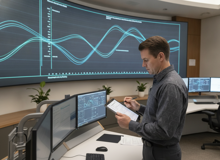 An LED wall service technician reviewing a maintenance plan beside a control room monitor.
