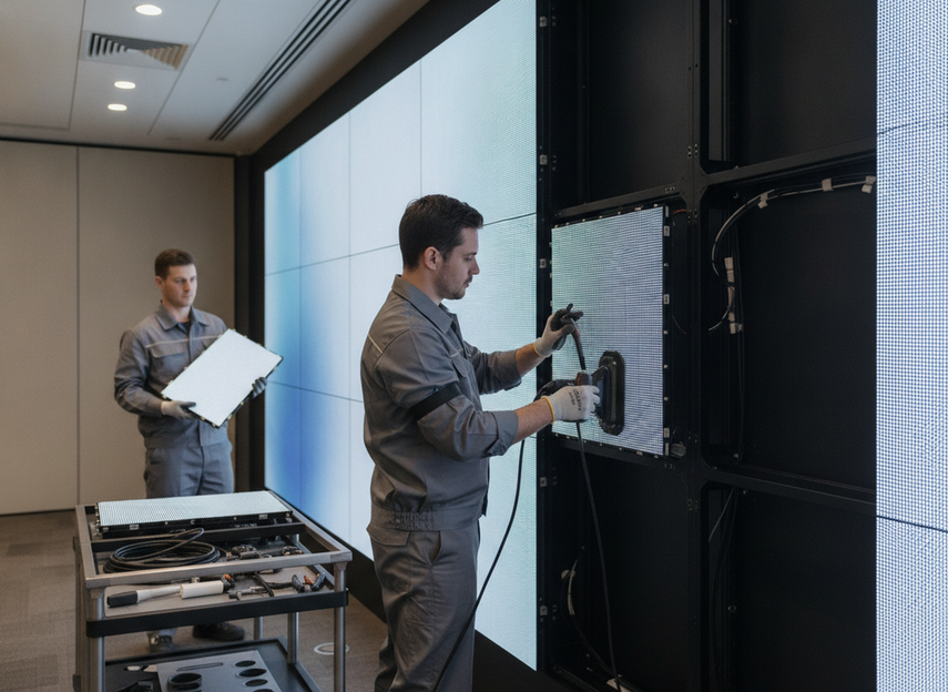 Person in a professional setting replacing a display module on a large LED wall with front-service access during routine maintenance.