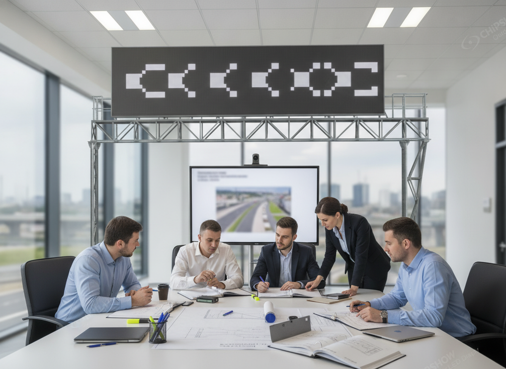 A public works team reviewing a highway variable message sign specification package in a transportation engineering office.