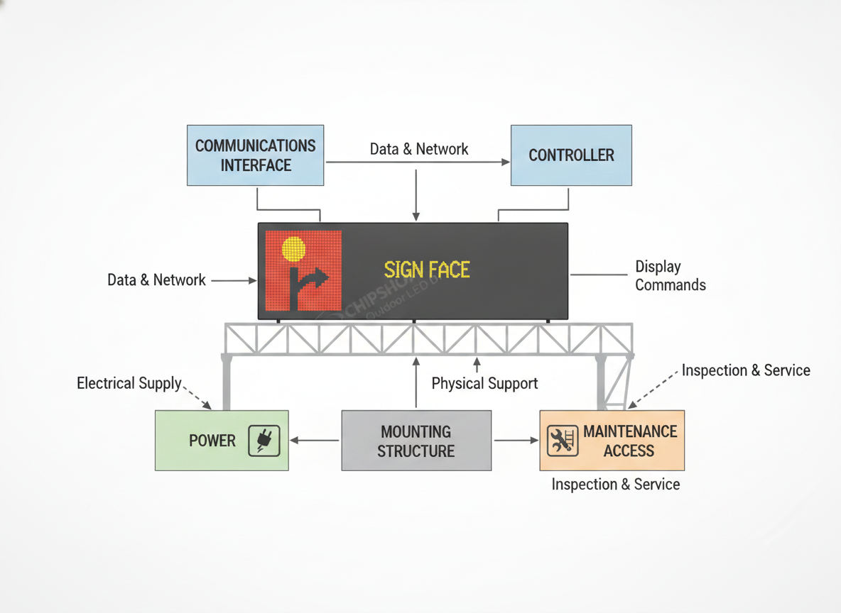 A clean engineering diagram showing the controller, communications, sign face, power, and mounting layers of a highway VMS.