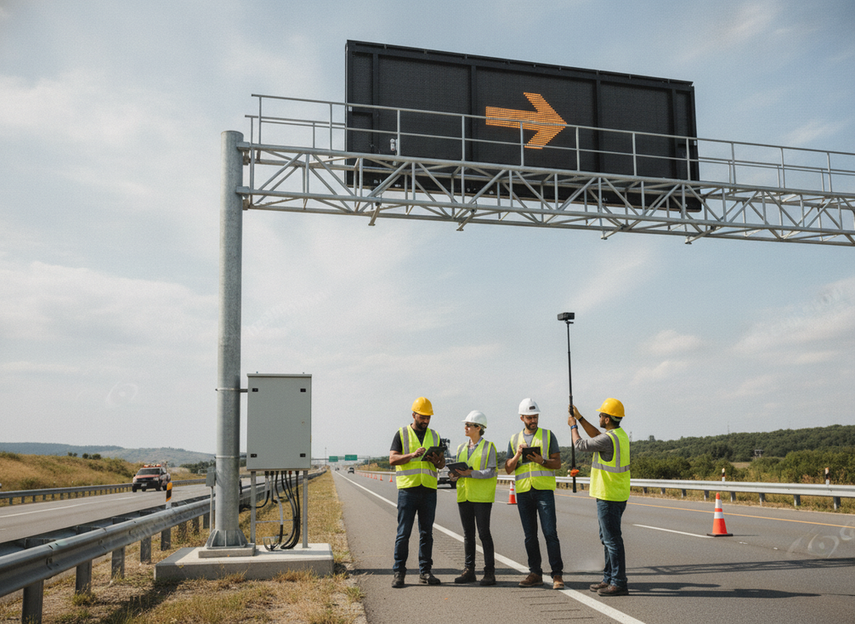 A field inspection team checking a highway message sign during a procurement acceptance review.