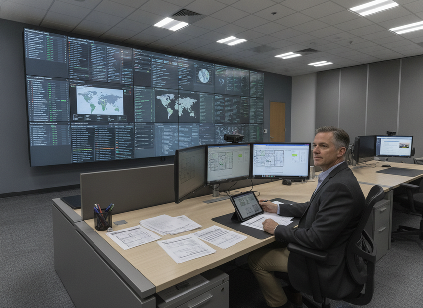 Command center LED wall maintenance agreement reviewed at a control room desk