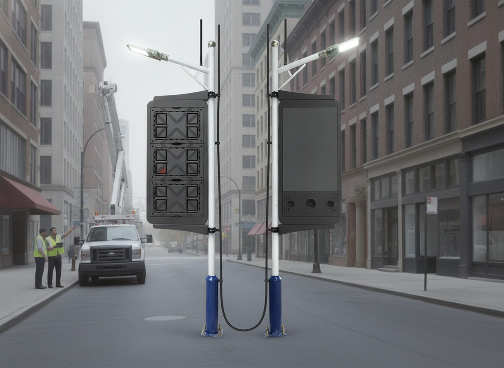 A municipal smart light pole with mounted sensors and a small service truck nearby in a U.S. city streetscape.