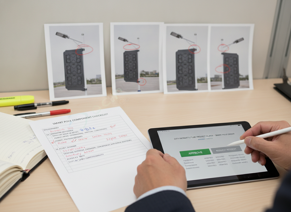A procurement reviewer inspecting a smart pole component list and installation photos against a city acceptance checklist.