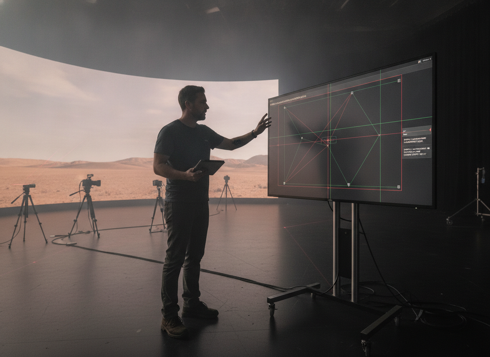 Technician checking LED wall geometry and camera framing on an XR stage