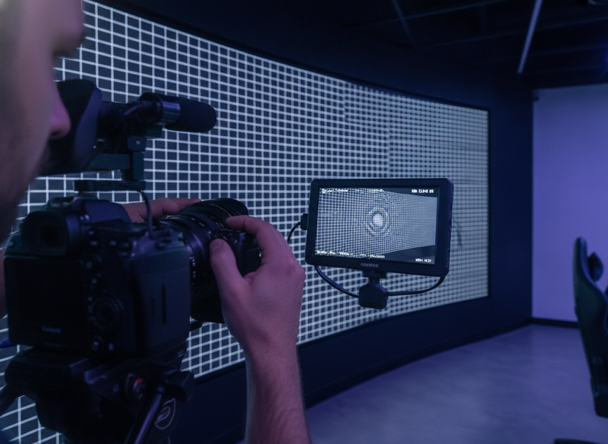 Close view of moiré pattern testing on an LED wall with camera focus adjustments