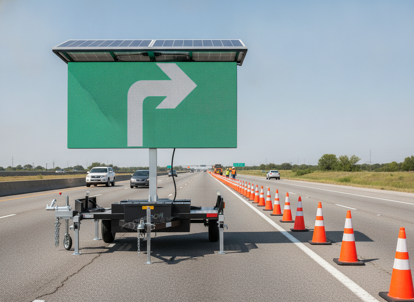 Solar VMS trailer at a roadside work zone with a raised sign panel and solar array beside temporary lane-closure equipment.