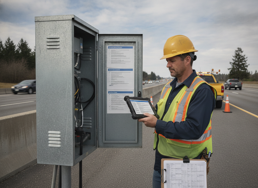 Maintenance checklist on a tablet beside a roadside VMS cabinet showing update approval, certificate control, and rollback steps