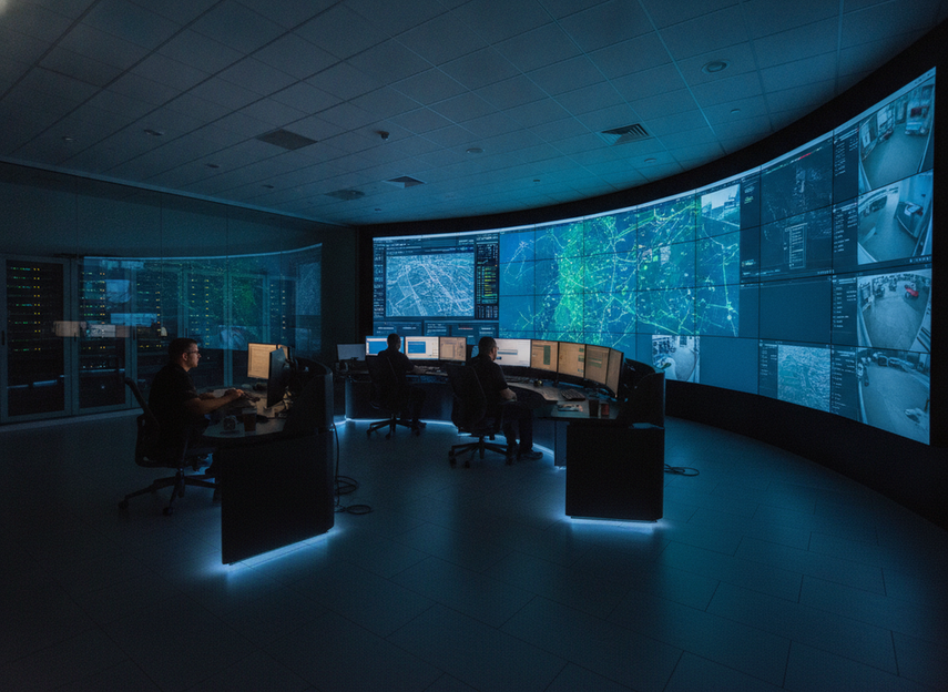 Operators reviewing a fine-pitch LED video wall in a control room
