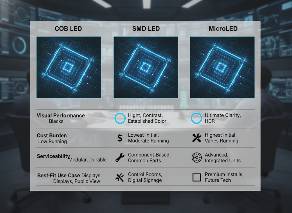 Comparison of COB, SMD, and MicroLED for command centers