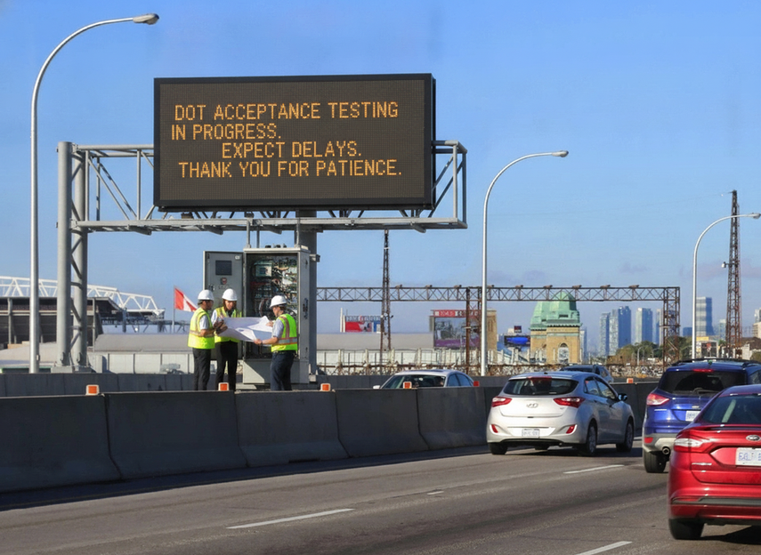 Overhead highway variable message sign under acceptance testing