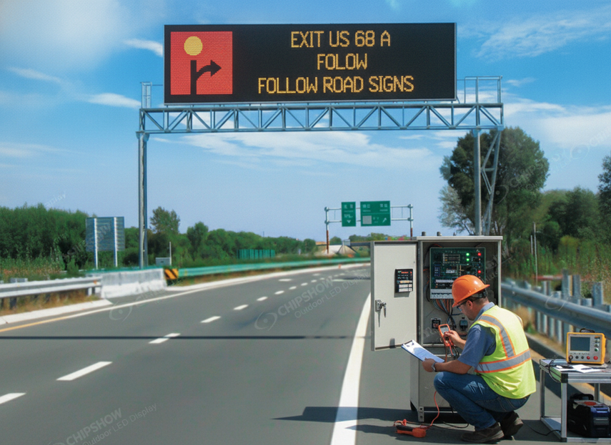 Field acceptance checks for a highway VMS control cabinet and display