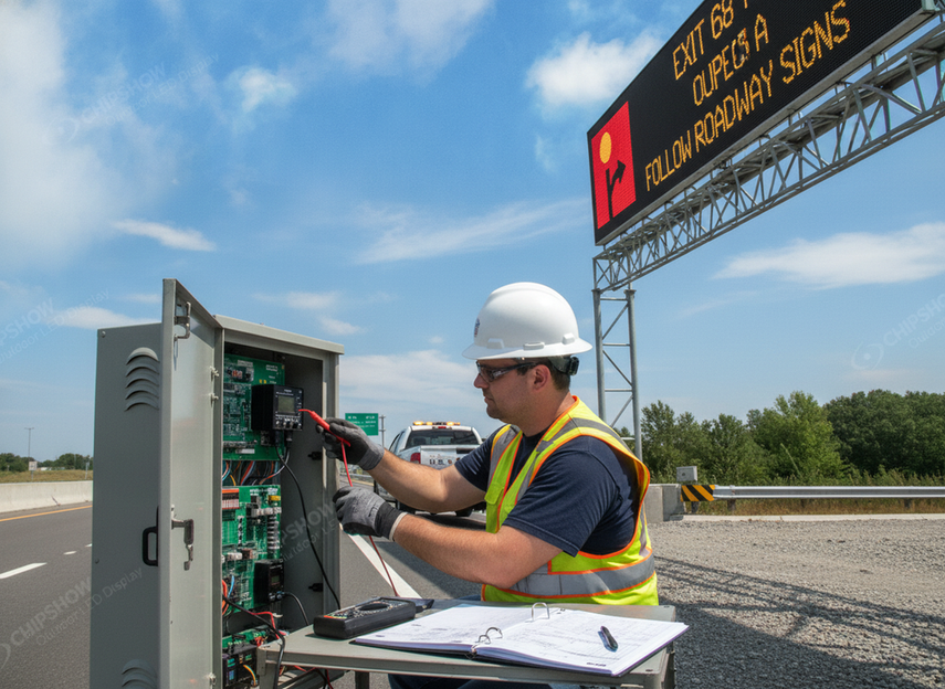 Technician verifying a highway VMS control cabinet during field acceptance