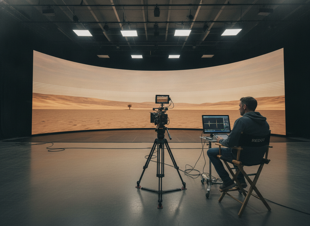Camera crew checking an LED wall for flicker and moiré during a virtual production setup