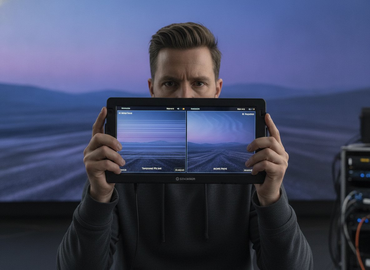 Virtual production technician comparing flicker and moiré on a camera monitor